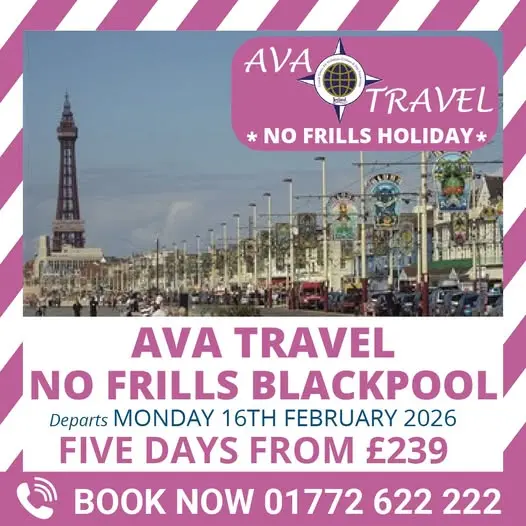 Promotional graphic for Ava No Frills Blackpool Tour featuring a scenic view of the Blackpool Tower and an Ava Travel executive coach.