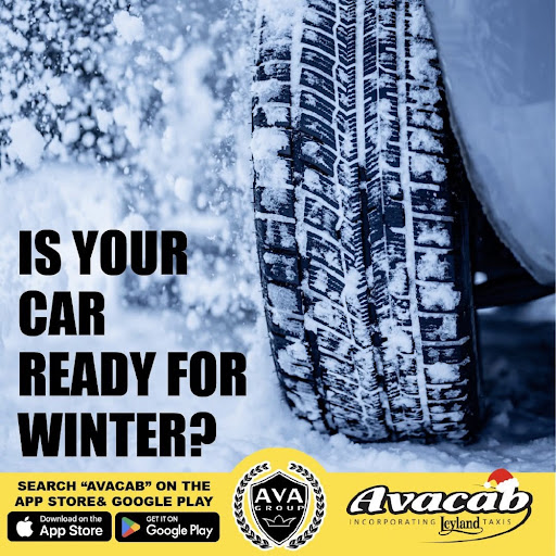 Promotional graphic for AvaMotors featuring a car tyre in deep snow with the text "Is Your Car Ready For Winter?" and Ava Group branding.
